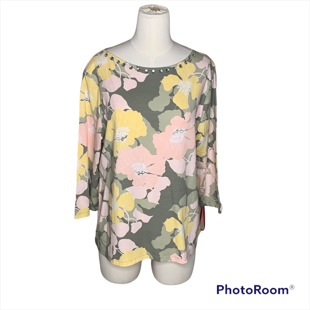 Ruby Rd. Olive Green Peach Yellow Tunic Blouse Top 3/4 Sleeve - Size PXL NEW